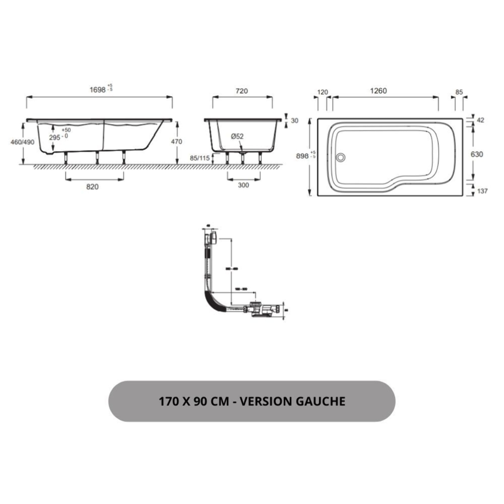 Pack baignoire bain douche 170 x 90 Malice version gauche + tablier en niche + pare bain