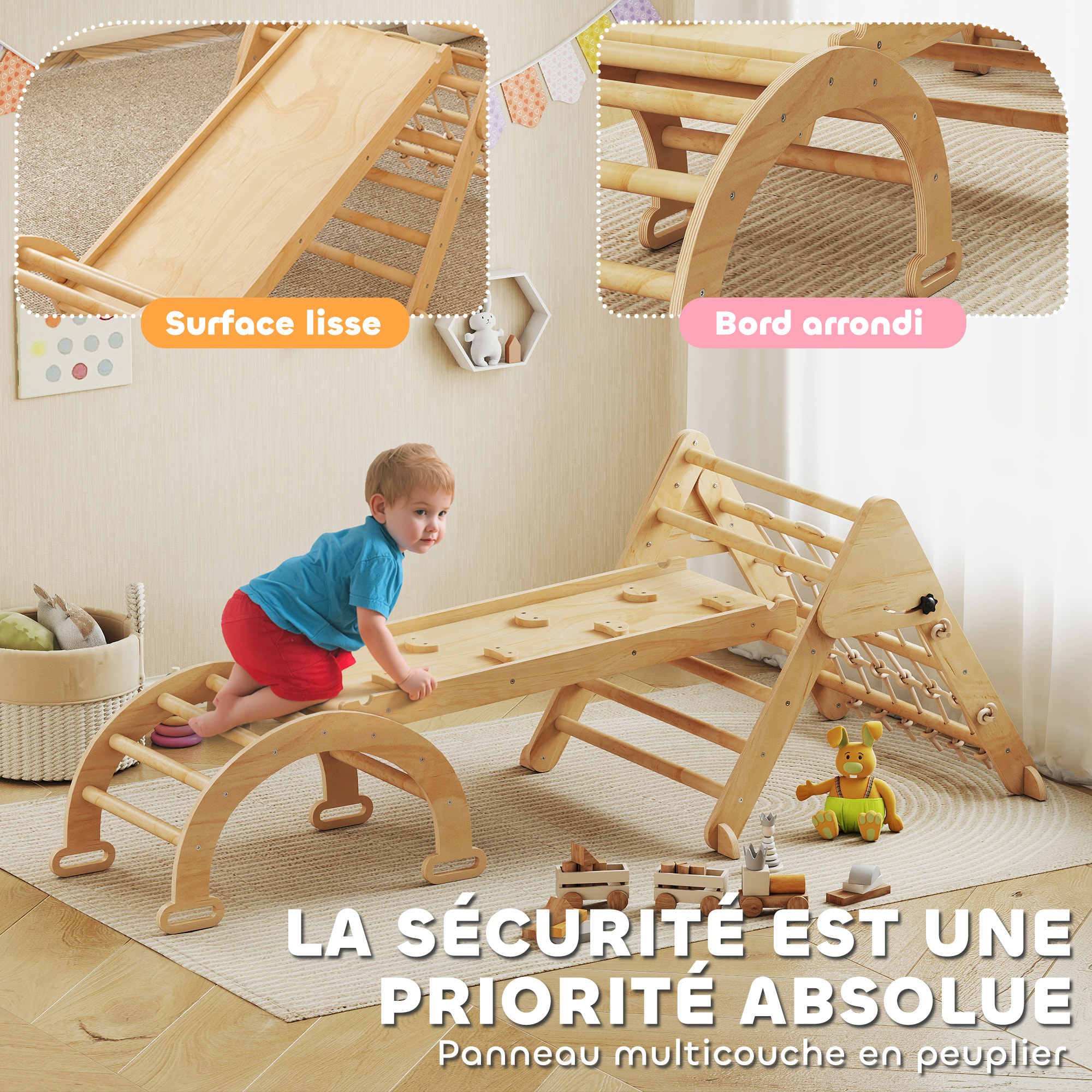 Triangle d'escalade enfant pliable 8 en 1 - aire de jeu enfant - bois naturel