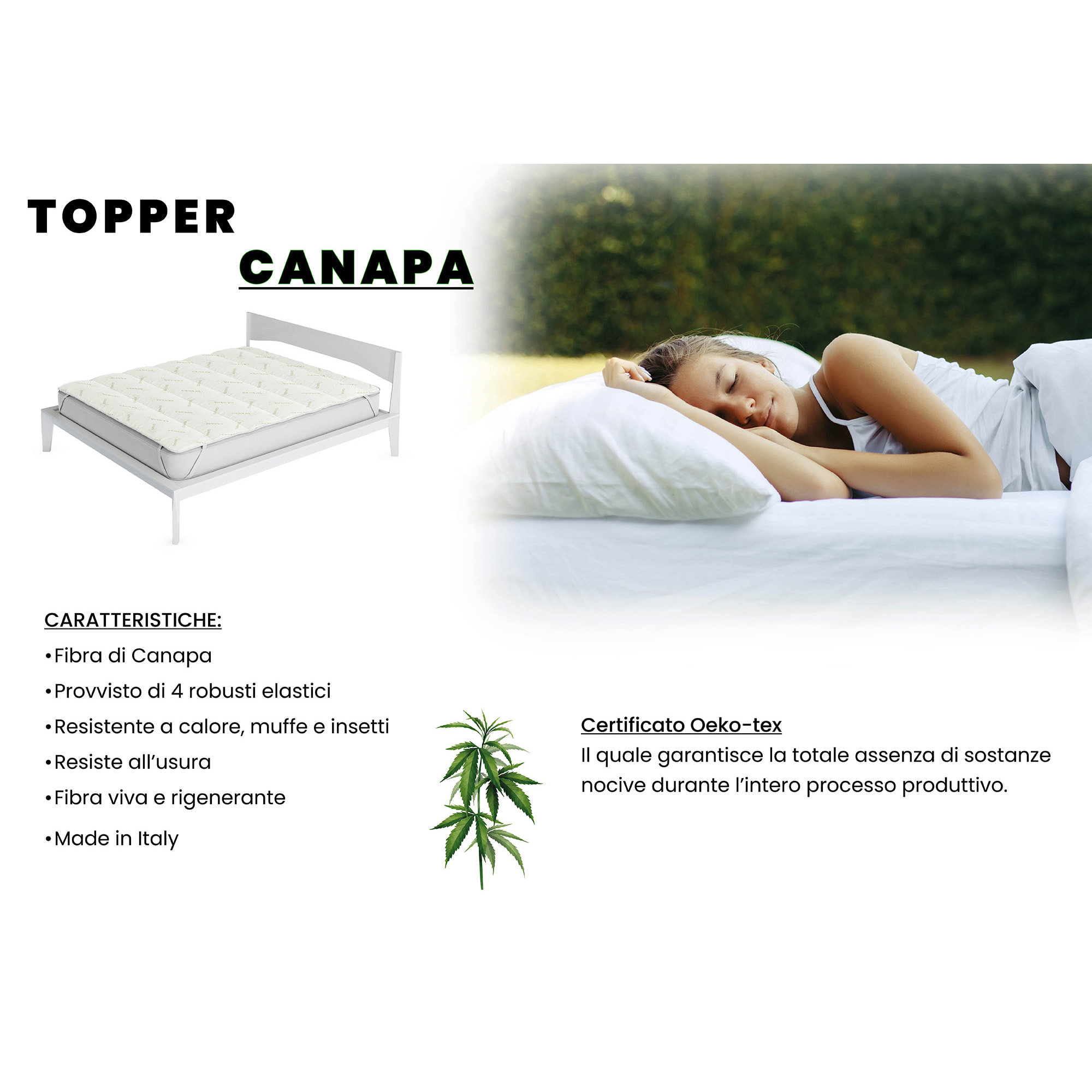 TOPPER TRAPUNTATO CANAPA MADE IN ITALY CON ELASTICI- PIAZZA E MEZZA