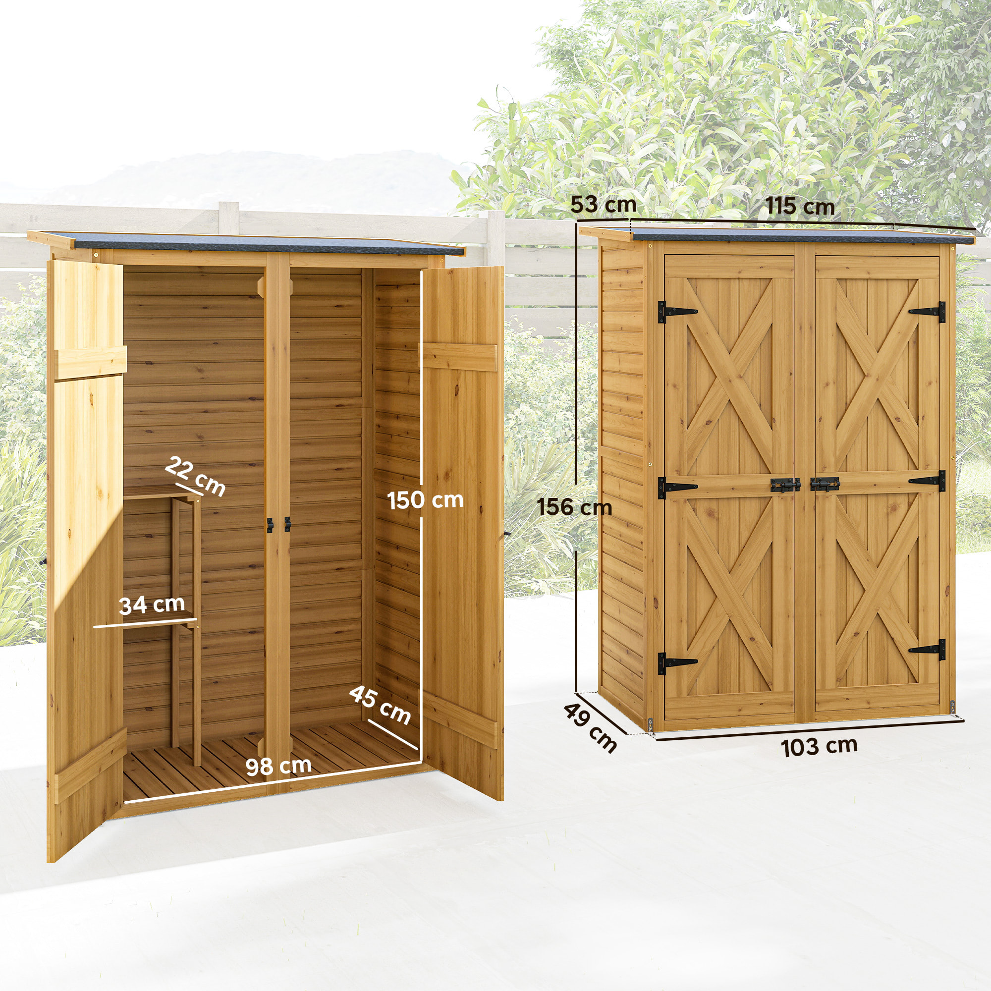 Caseta de Jardín de Madera 115x53x156 cm, Cobertizo Jardín Exterior, Armario Exterior para Herramientas con Puertas Dobles con Pestillo, 2 Estantes y Techo Inclinado, Resistente, Marrón