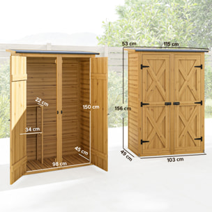 Caseta de Jardín de Madera 115x53x156 cm, Cobertizo Jardín Exterior, Armario Exterior para Herramientas con Puertas Dobles con Pestillo, 2 Estantes y Techo Inclinado, Resistente, Marrón