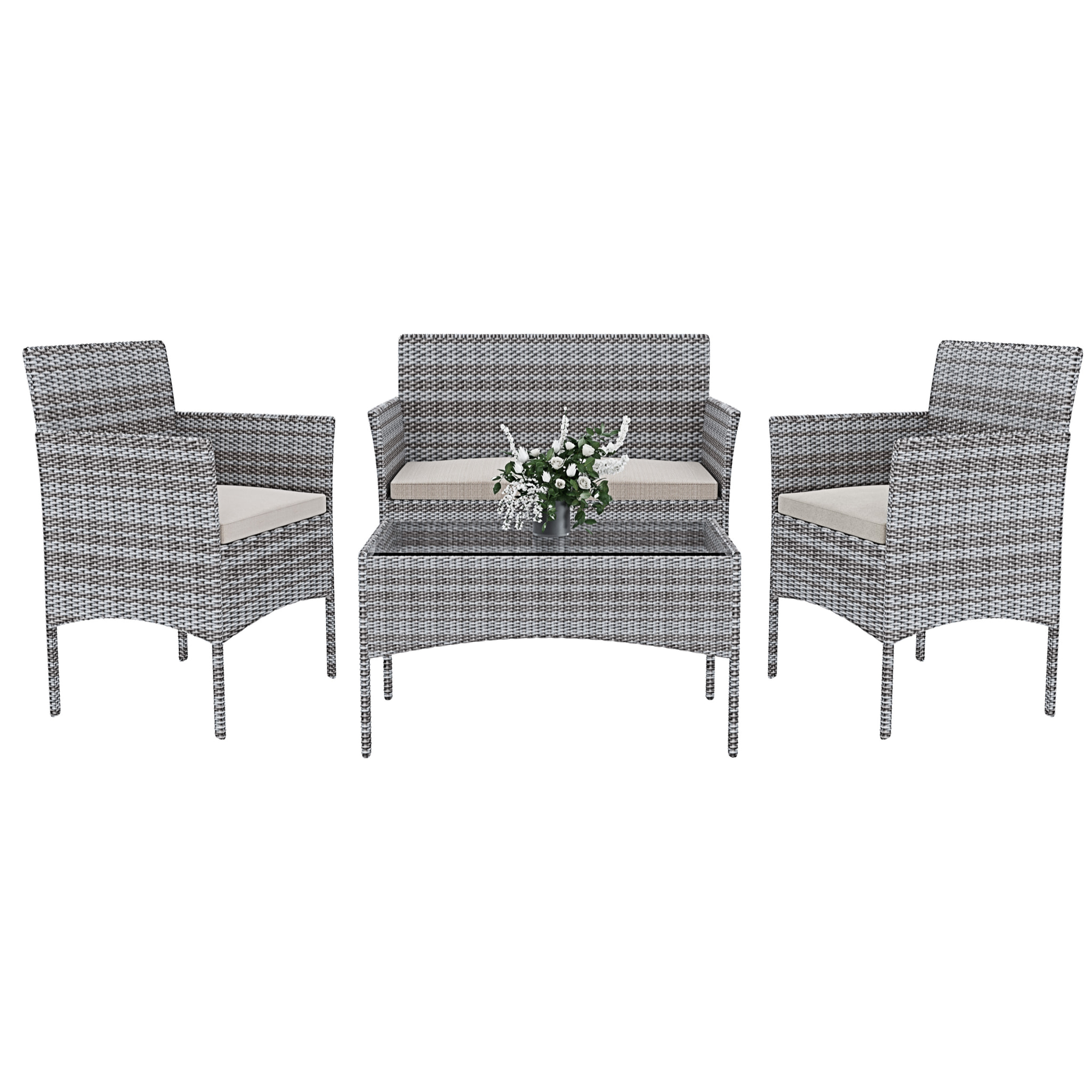 Set Di Mobili da Giardino Salotto Salottino in Rattan 4 Posti con Tavolino Ripiano In Vetro 2 Poltrone Divano 2 Posti Giardino Esterno Cuscini Grigio