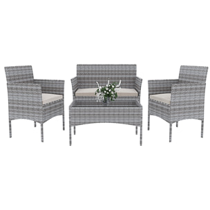 Set Di Mobili da Giardino Salotto Salottino in Rattan 4 Posti con Tavolino Ripiano In Vetro 2 Poltrone Divano 2 Posti Giardino Esterno Cuscini Grigio