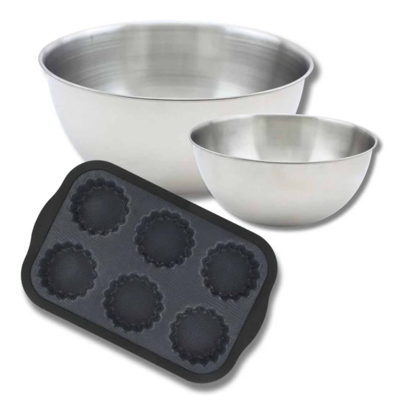 Lot avec 1 Moule 6 tartelettes en fibre de verre, 1 spatule Zenker et 2 bols à mixer en inox Fackelmann