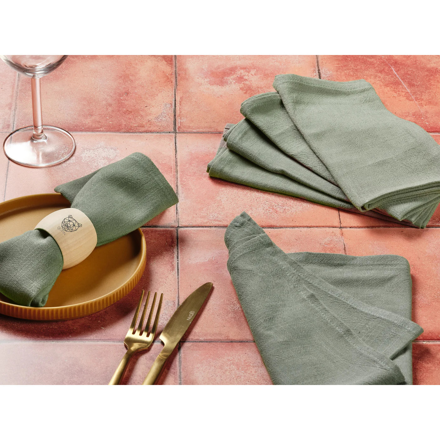 Serviette de table - 6 pièces - Lin et coton vert de gris