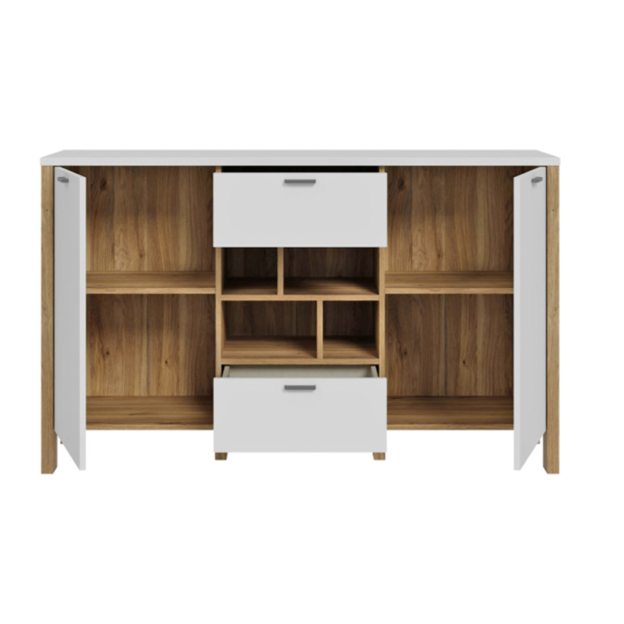 Buffet L141 cm 2 tiroirs 2 portes 4 niches décor gris clair - BOLERO