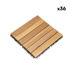 Lot de 36 dalles de terrasses 30x30cm en bois d'acacia. motif linéaire. à lattes. clipsables