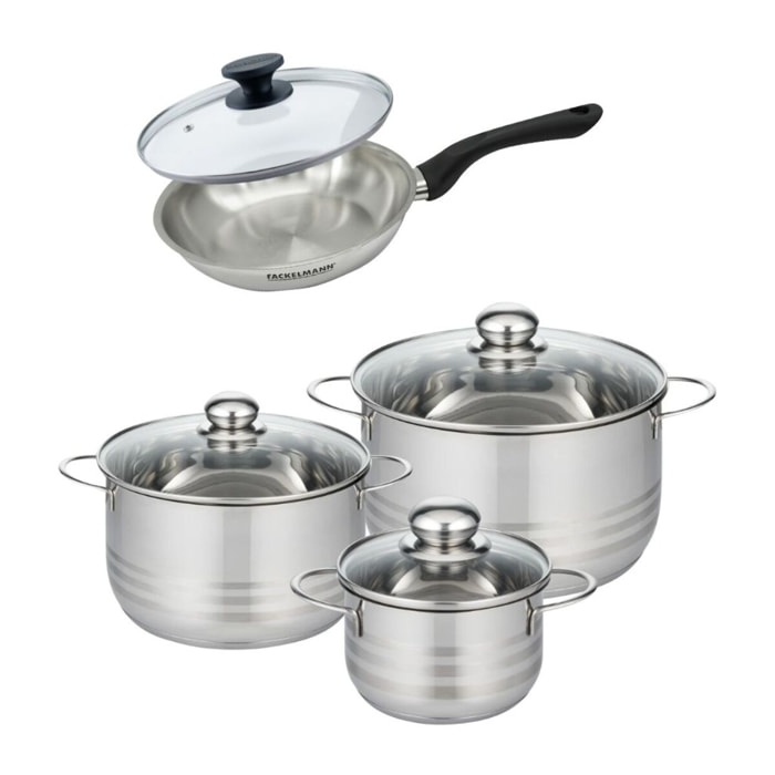 Set de 1 poêle en inox et couvercle, 3 faitouts inox Fackelmann Geneva
