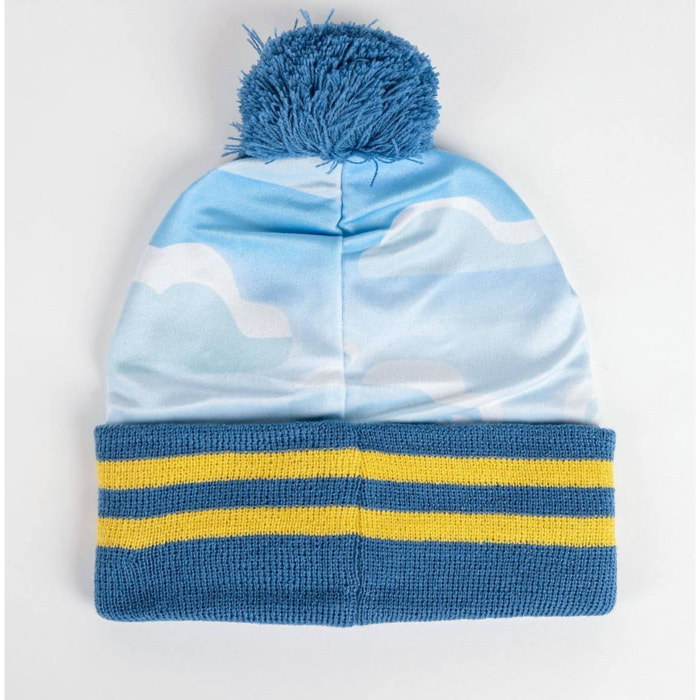 Conjunto de gorro, guantes y braga de bluey - colores azul y amarillo - talla única - elaborados en acrílico y poliéster - estampado de bluey y su fa
