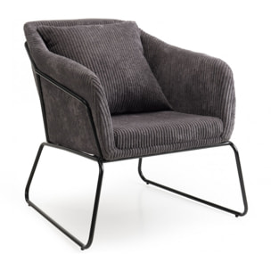 ALBANE - Fauteuil tissu velours cotelé gris anthracite pieds évasés métal