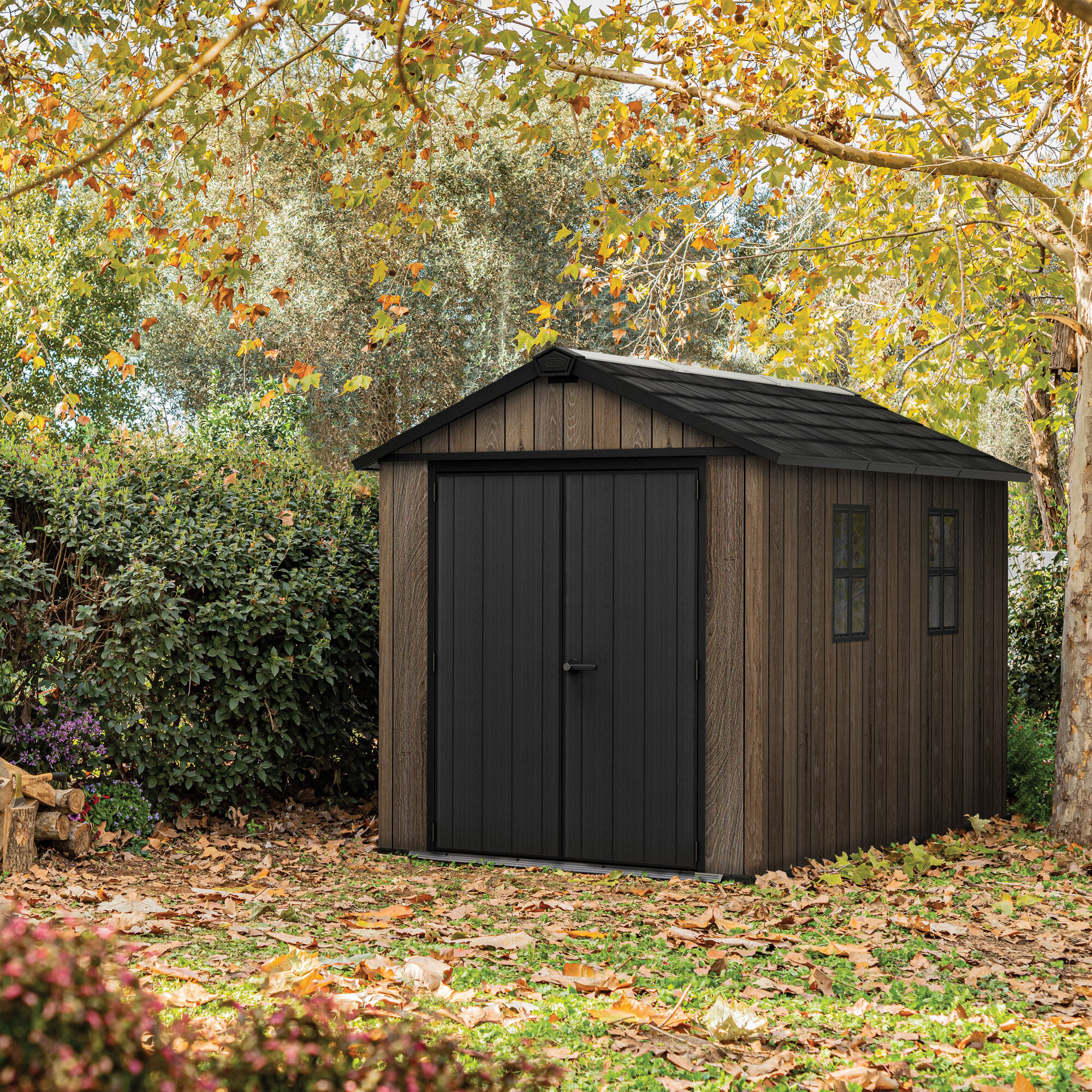 Apex 7511/1175- Casetta da Giardino 350x246x230 cm 2 Ante per deposito attrezzi finitura effetto legno Evotech+ in Resina Marrone e Nero