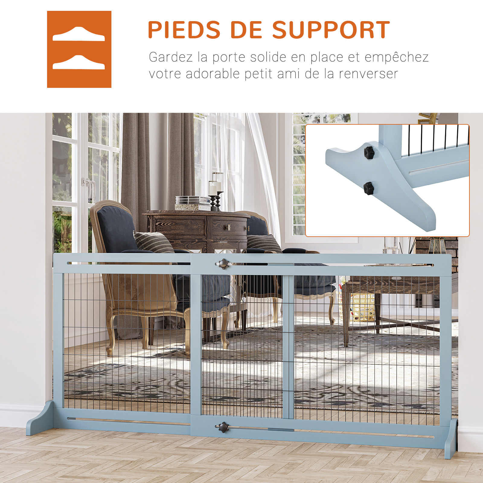 Barrière de sécurité chien barrière autoportante longueur réglable dim. 104-183L x 36l x 69H cm bois pin gris acier noir