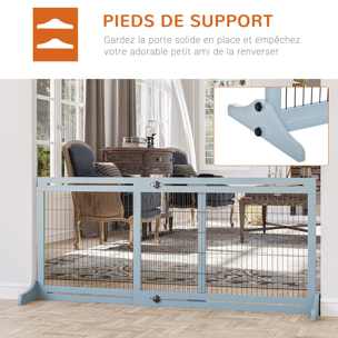 Barrière de sécurité chien barrière autoportante longueur réglable dim. 104-183L x 36l x 69H cm bois pin gris acier noir