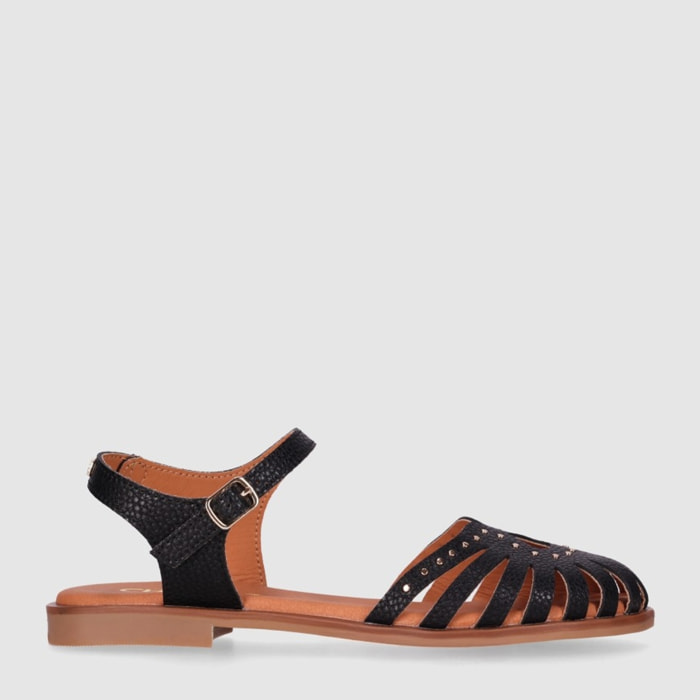 Sandalias de Piel - Negro - Tacón: 1 cm