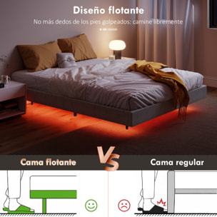 Somier Flotante 160x200 cm con Luces LED, Estructura de Cama, Tapizado en Lino, Láminas de Madera, Silencioso, Fácil de Montar, Gris