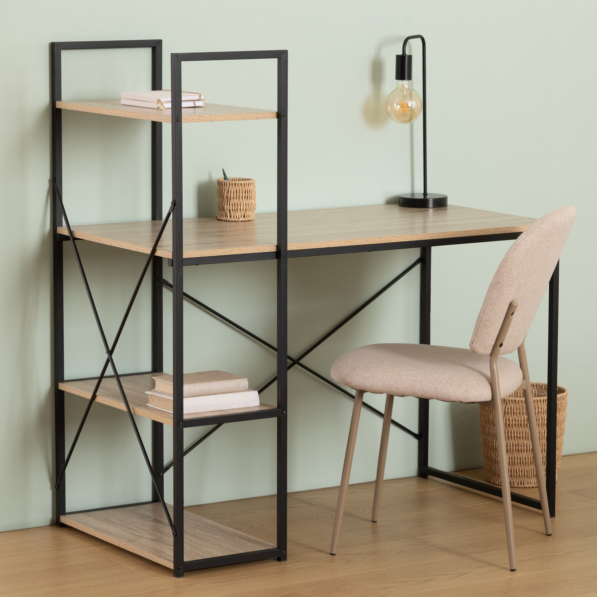 Bureau avec étagères "Aliaj" effet chêne naturel