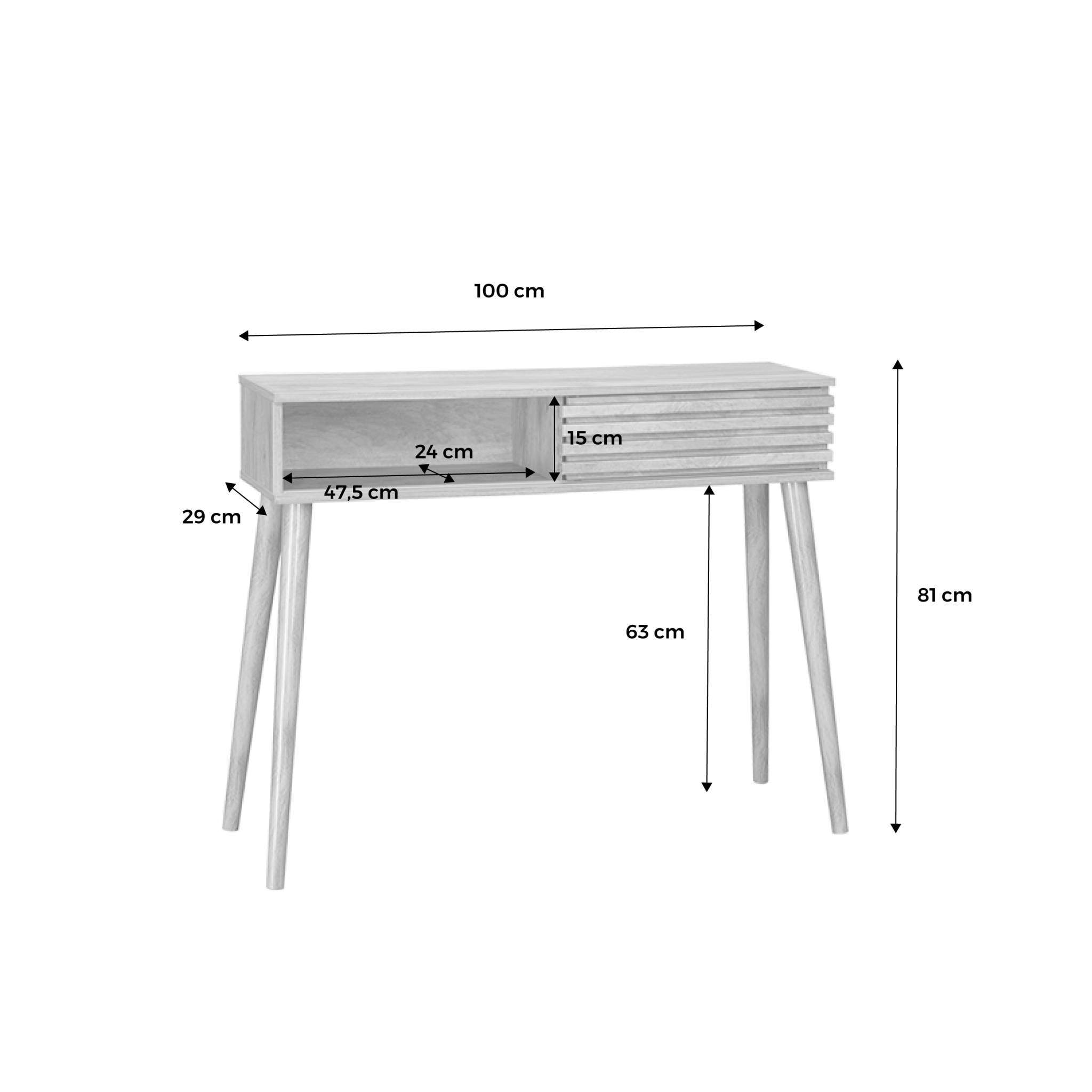 Console scandinave effet bois noyer avec 1 porte coulissante rainurée 2 niches de rangement