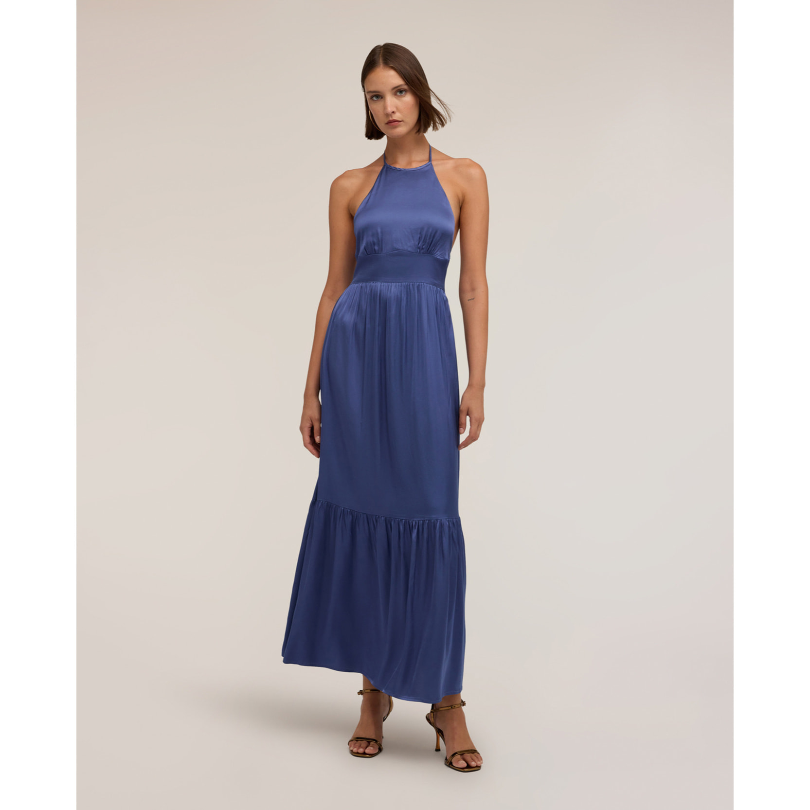 Motivi - Vestido largo de raso con volante - Azul