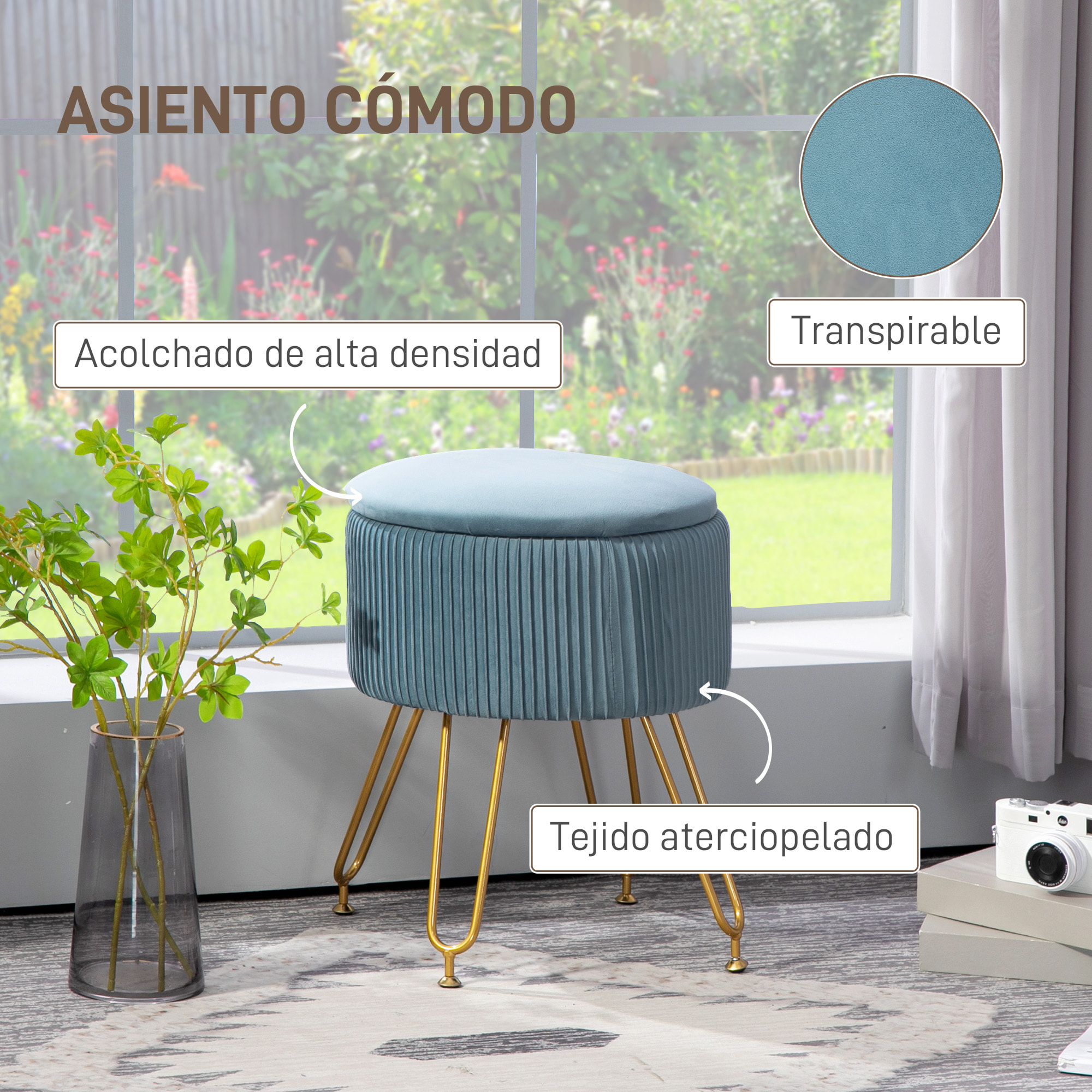 Baúl de Almacenaje para Dormitorio Puff Almacenaje Tapizado en Terciopelo Banco de Almacenaje con Patas de Acero para Pasillo Salón Ø40x48 cm Azul Claro