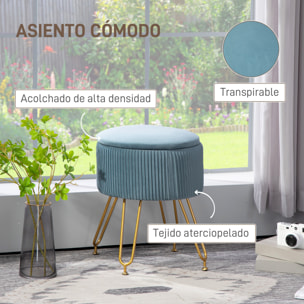 Baúl de Almacenaje para Dormitorio Puff Almacenaje Tapizado en Terciopelo Banco de Almacenaje con Patas de Acero para Pasillo Salón Ø40x48 cm Azul Claro