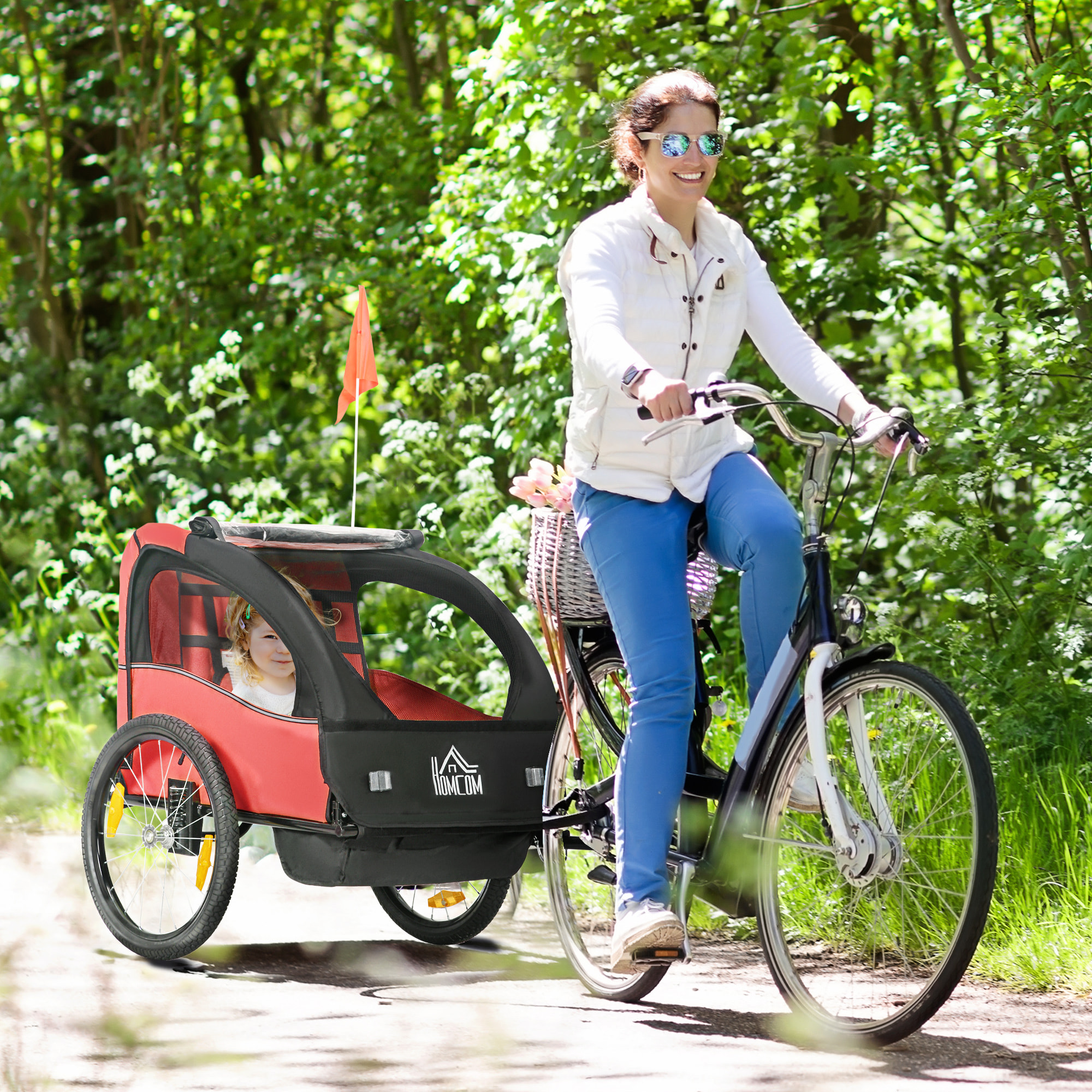 Remolque de Bicicleta para Niños +18 Meses Cochecito para Transporte de 2 Plazas con Cinturón de Seguridad Espacio de Almacenamiento y Sistema de Amortiguador 140x88x90 cm Rojo