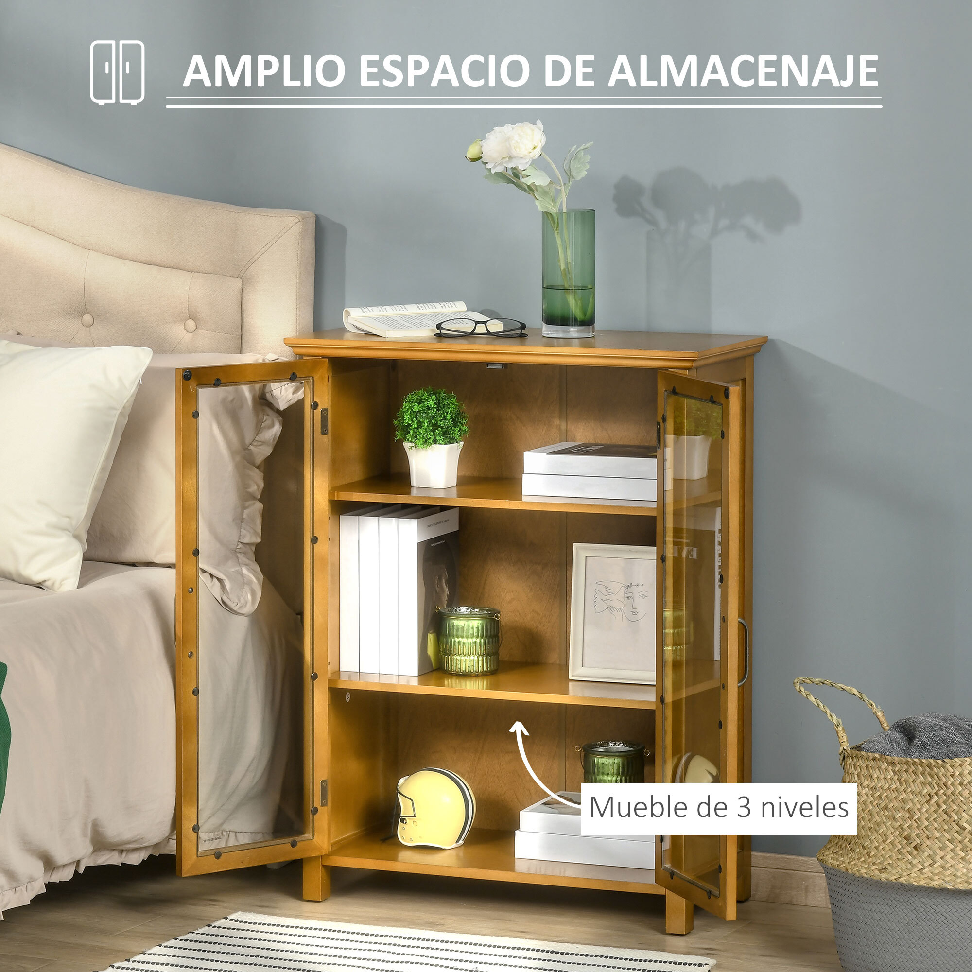 HOMCOM Aparador Auxiliar con 2 Puertas de Vidrio Armario de Salón Multiusos con 2 Estantes Interiores Ajustables Estilo Retro para Baño Cocina Comedor 66x31,8x86,8 cm Nogal