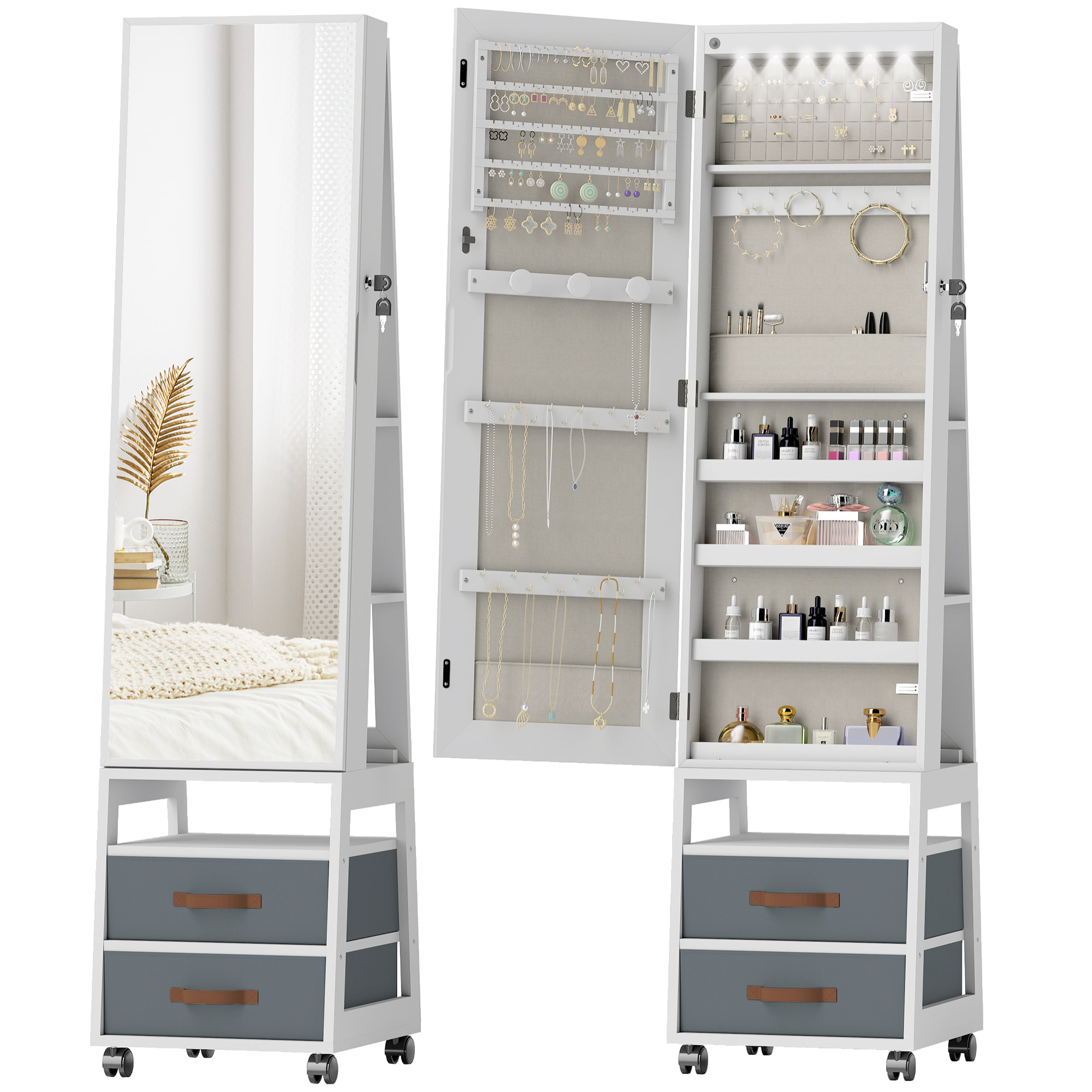 Espejo Joyero con Luces LED Interior, Armario para Joyas con Ruedas, Armario Joyero con Espejo Entero, Giratorio de 360°, Estantes Abiertos, Cajones de Tela, Blanco