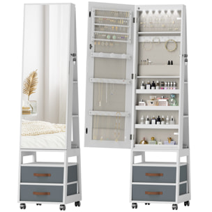 Espejo Joyero con Luces LED Interior, Armario para Joyas con Ruedas, Armario Joyero con Espejo Entero, Giratorio de 360°, Estantes Abiertos, Cajones de Tela, Blanco