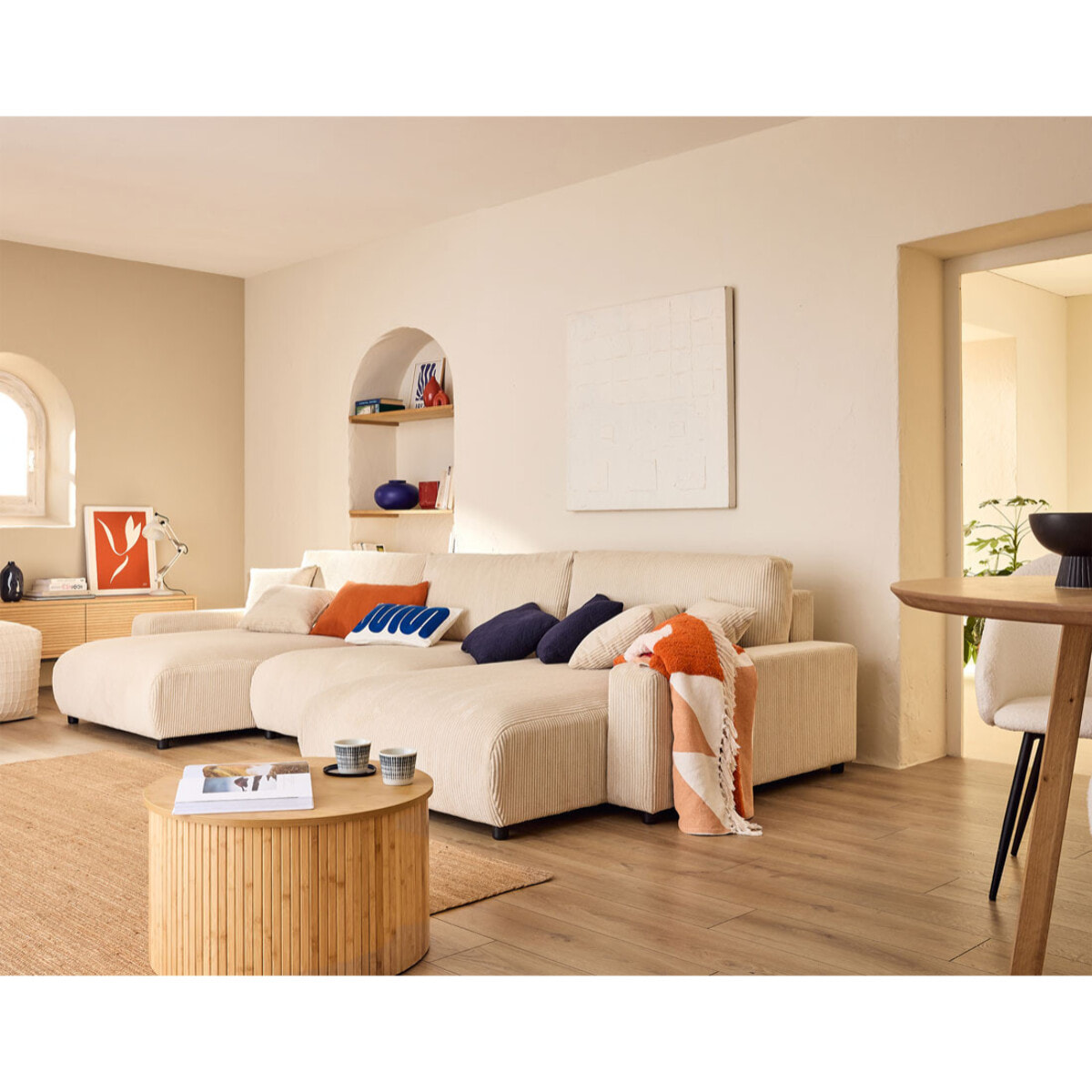 Pivoine - canapé panoramique en U - 7 places - convertible avec coffre - en velours côtelé - Beige