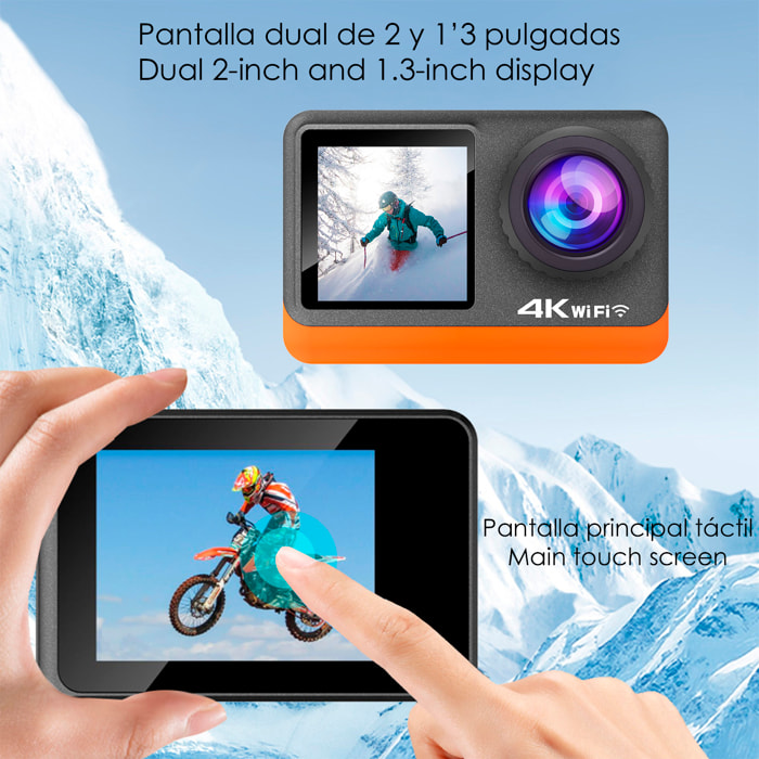 Camera Sportiva M80 TR 4k 60fps con 28.9 mpx, doppio schermo da 2" e 1.3" con una moltitudine di accessori sportivi e WIFI.