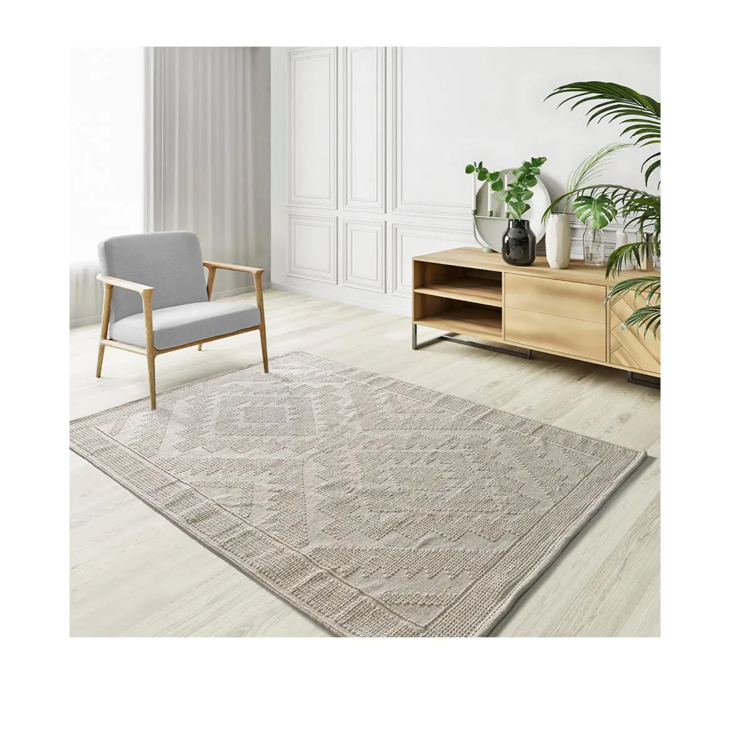 PAMUK Alfombra étnica algodón reciclado con relieve en crema, varias medidas disponibles