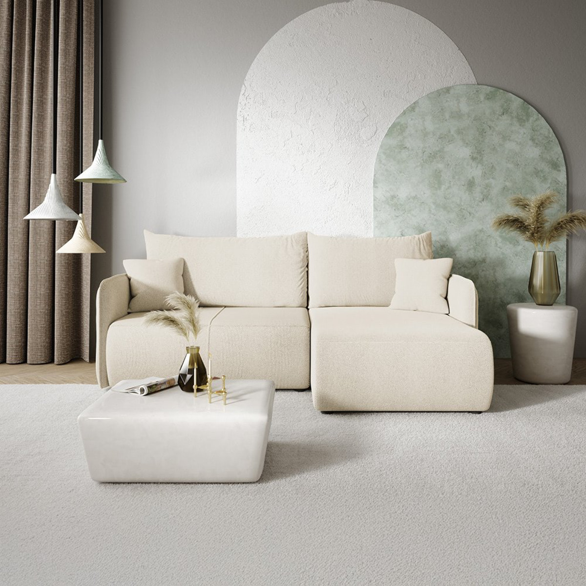 MILO - Canapé d'angle droit 4 places en tissu beige