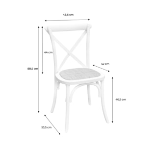 Lot de 2 chaises de bistrot en bois de cédrèle naturel. vintage. assise en rotin. empilables
