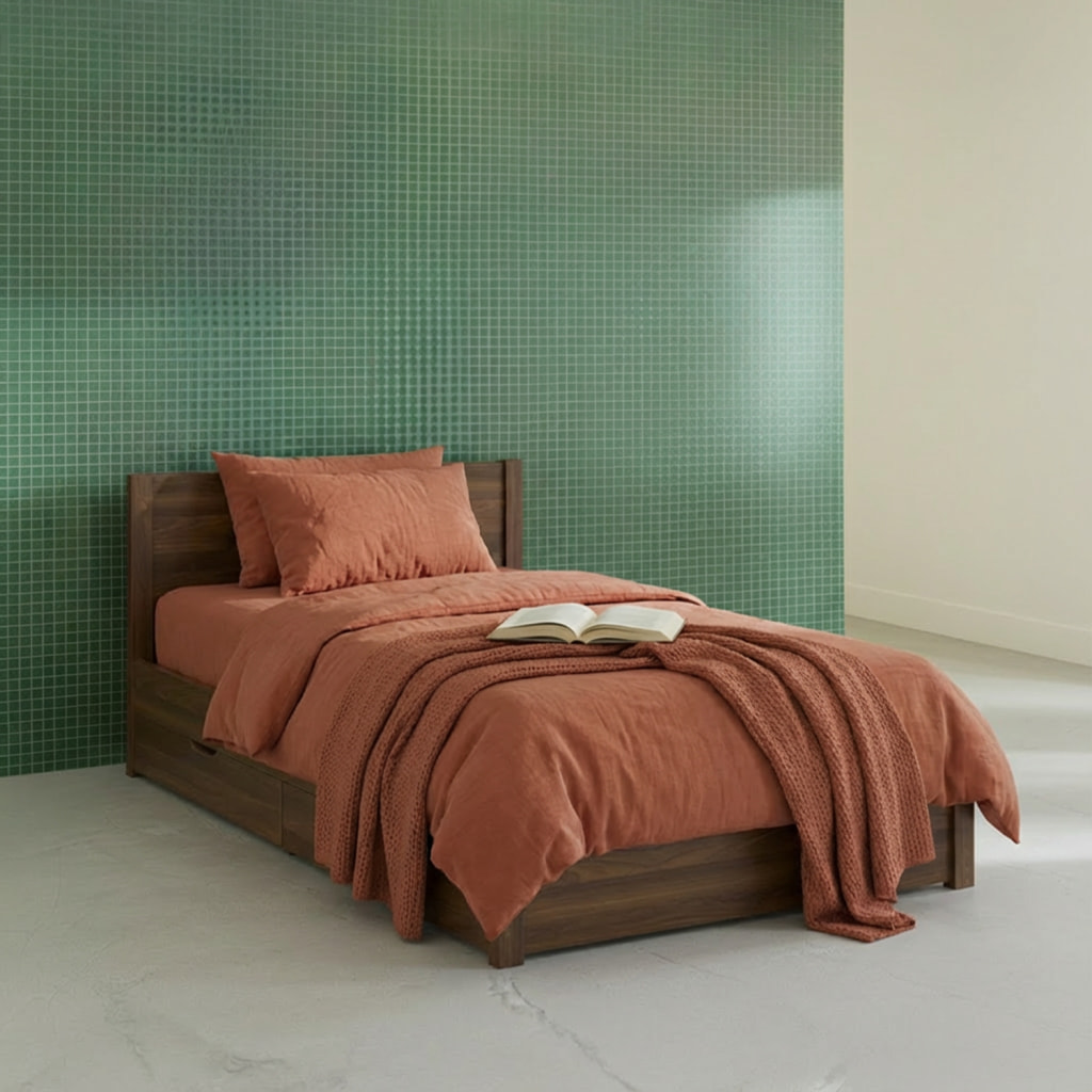 Lit avec sommier à lattes et tête de lit 90 x 190cm + 4 tiroirs décor bois NEPAL