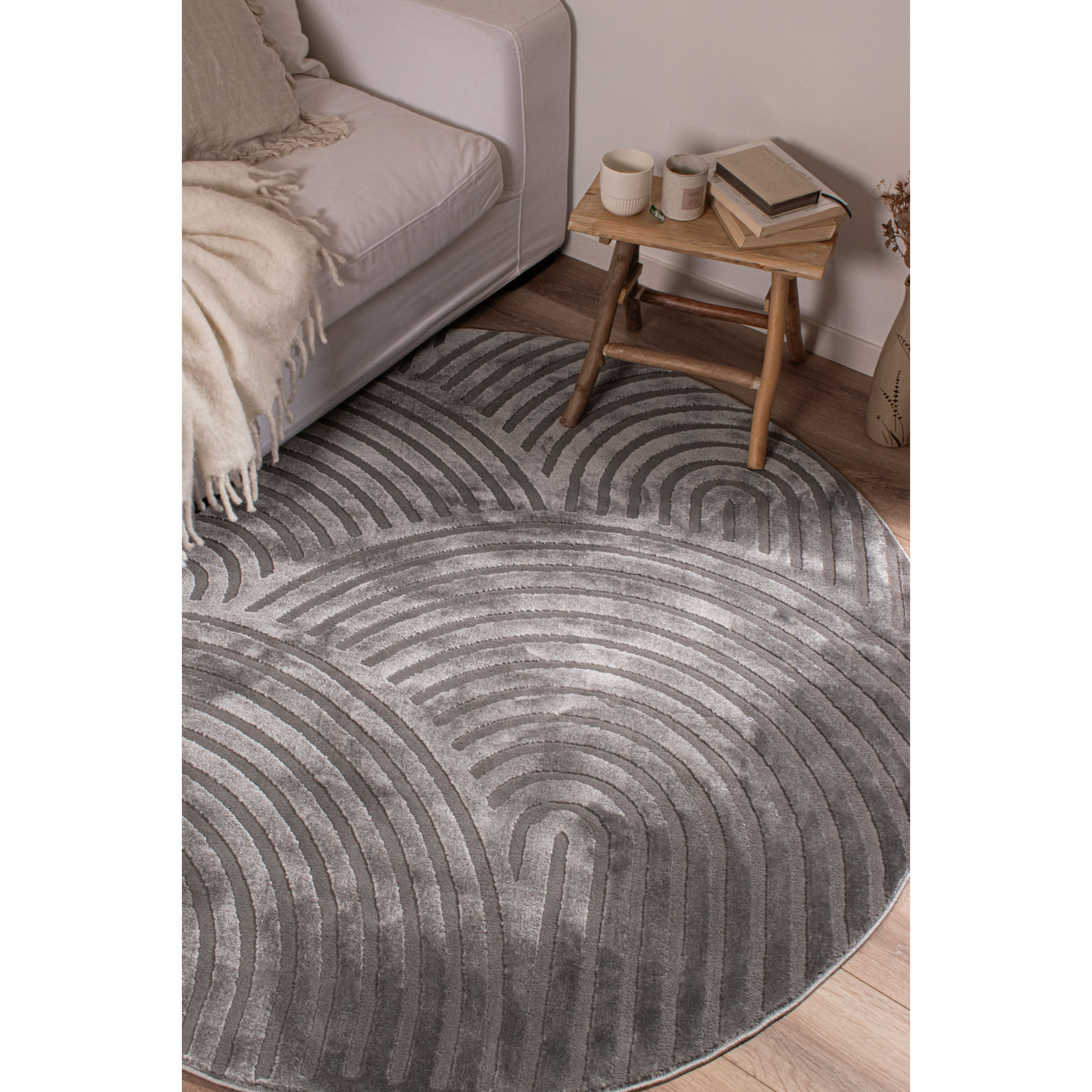 BIANCA - Tapis rond à motif arc en ciel en relief - Gris