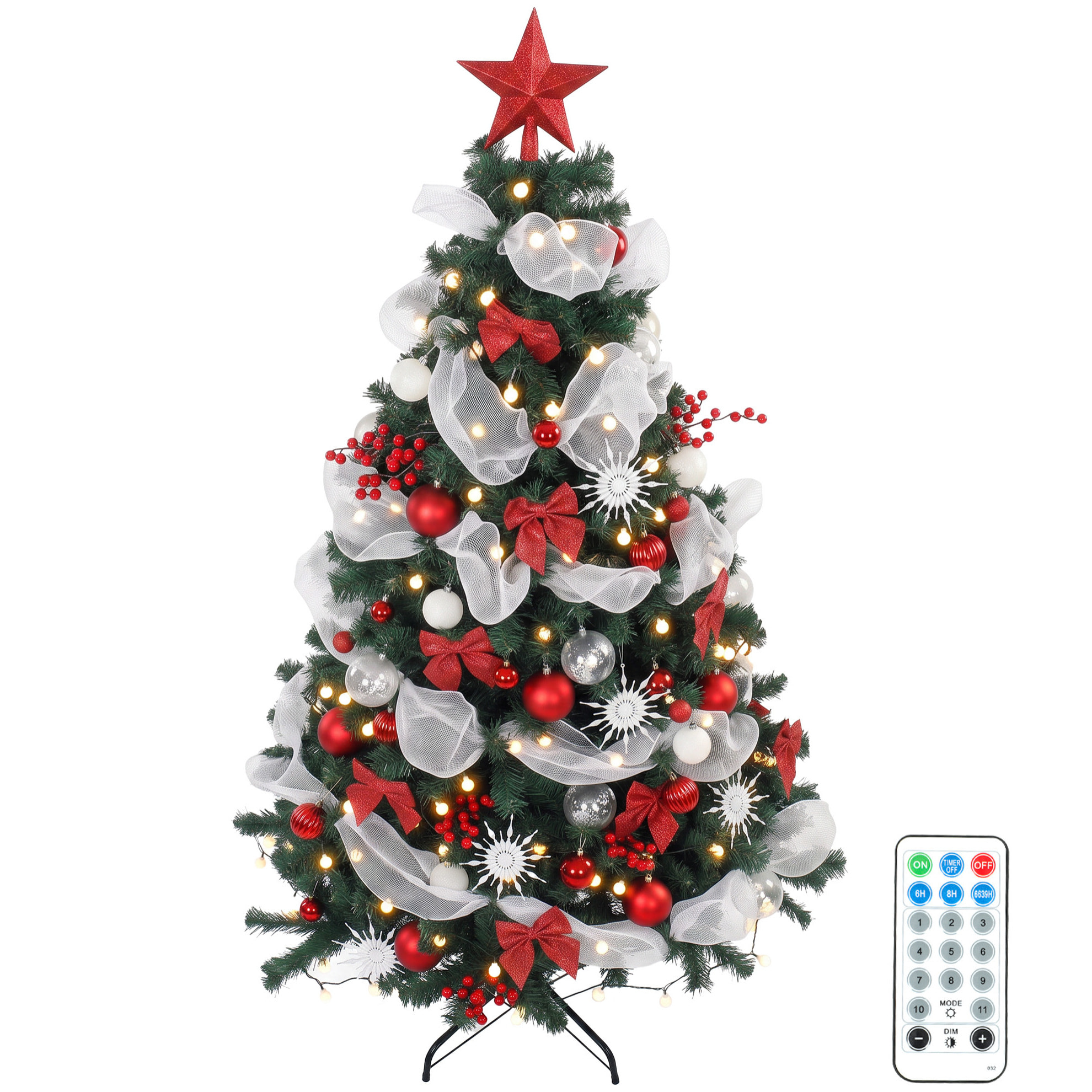 HOMCOM Árbol de Navidad con 200 LED Blanco Cálido 180 cm Árbol de Navidad Predecorado, 800 Ramas Abatibles, 8 Modos, Bolas, Cintas, Lazos, Mando, Base Metálica Plegable, Funciona con USB, Verde y Rojo