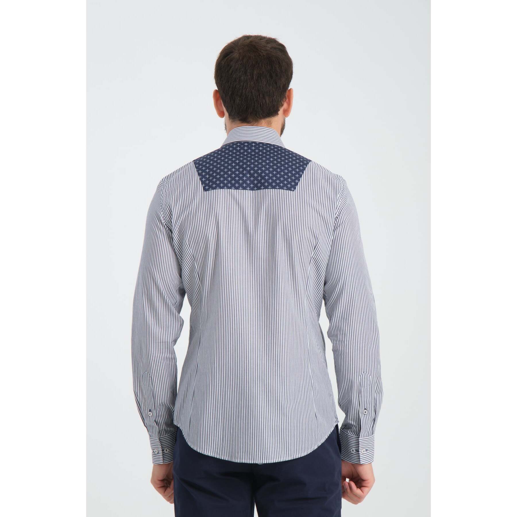 Camicia Uomo Bottone Italiano Slim Popeline Riga Larga Bianco e Blu