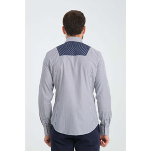 Camicia Uomo Bottone Italiano Slim Popeline Riga Larga Bianco e Blu