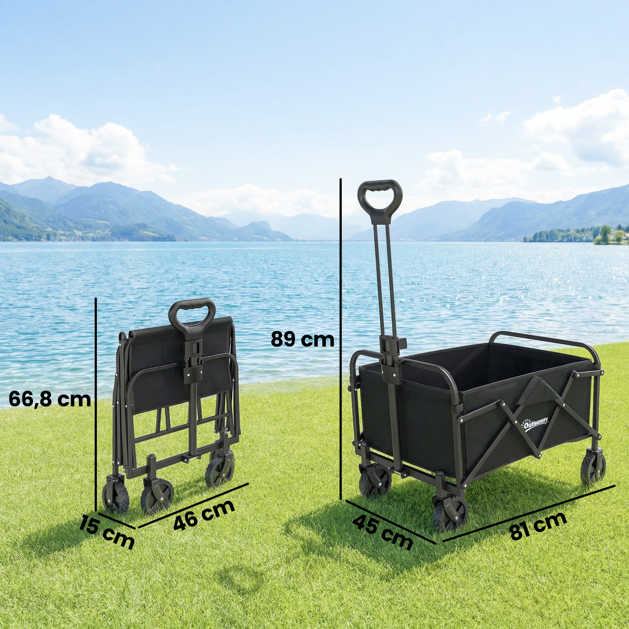 Carro Playa con Ruedas, Carro de Jardín Plegable con Mango Ajustable, Marco de Metal, Carga 68 kg, Carrito Transporte para Todo Terreno, Jardín, Campaña, Compra, Negro