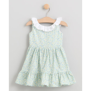 VESTIDO DE FLORES AZULESCON VOLANTE EN ESCOTE BORDADO