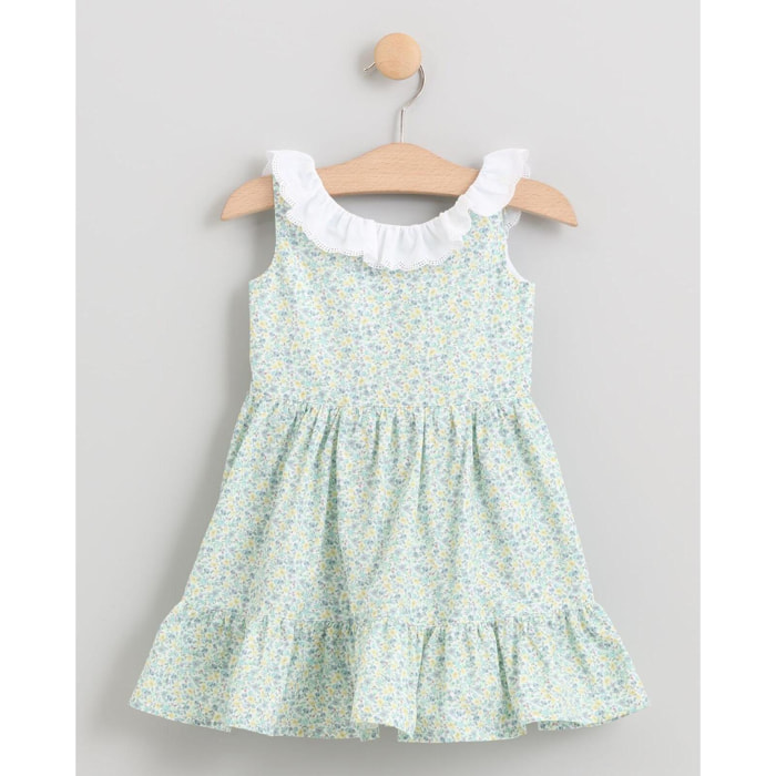 VESTIDO DE FLORES AZULESCON VOLANTE EN ESCOTE BORDADO