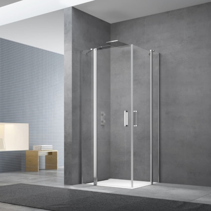 Fusion Portes de douche acces en angle pivotantes 90x80cm anticalcaire avec profilés chrome brillant (SATFUD9080-SET)