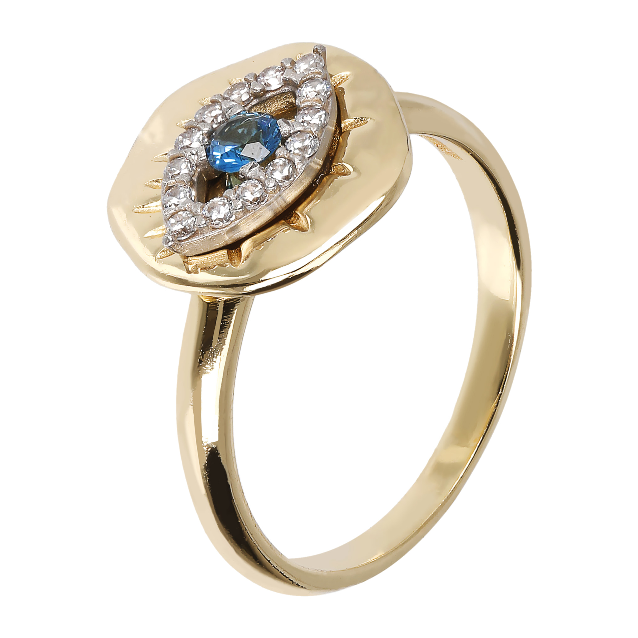 Anello Cocktail Martellato con Occhio Pavé in Cubic Zirconia Bianche e Blu