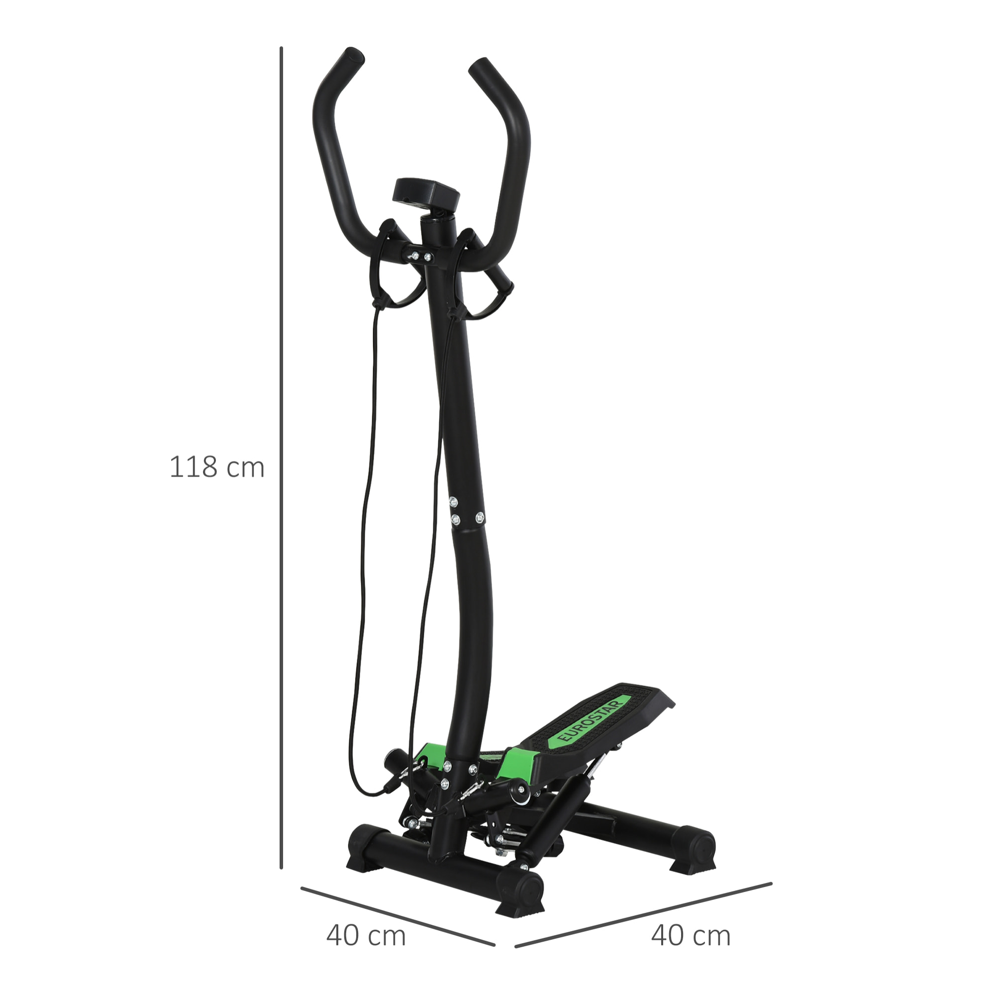 Mini stepper avec guidon, extenseurs, écran LCD multifonction et tapis antidérapant noir et vert