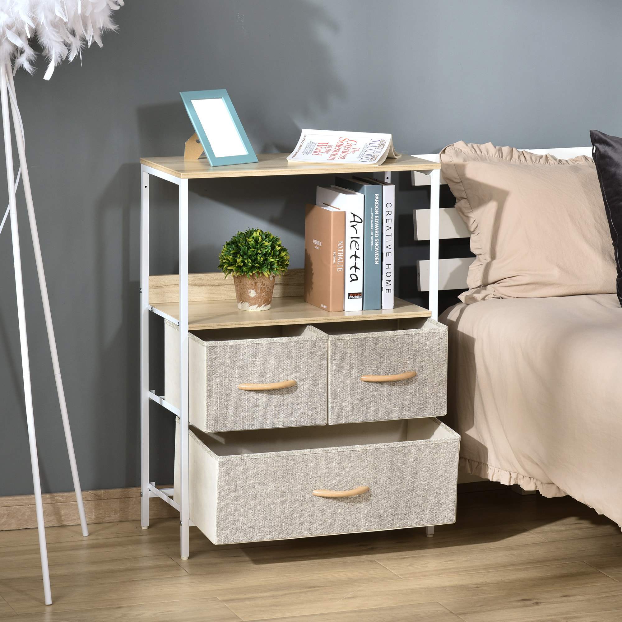 Meuble de rangement commode 3 tiroirs étagère plateau acier blanc MDF bois clair non tissé gris clair