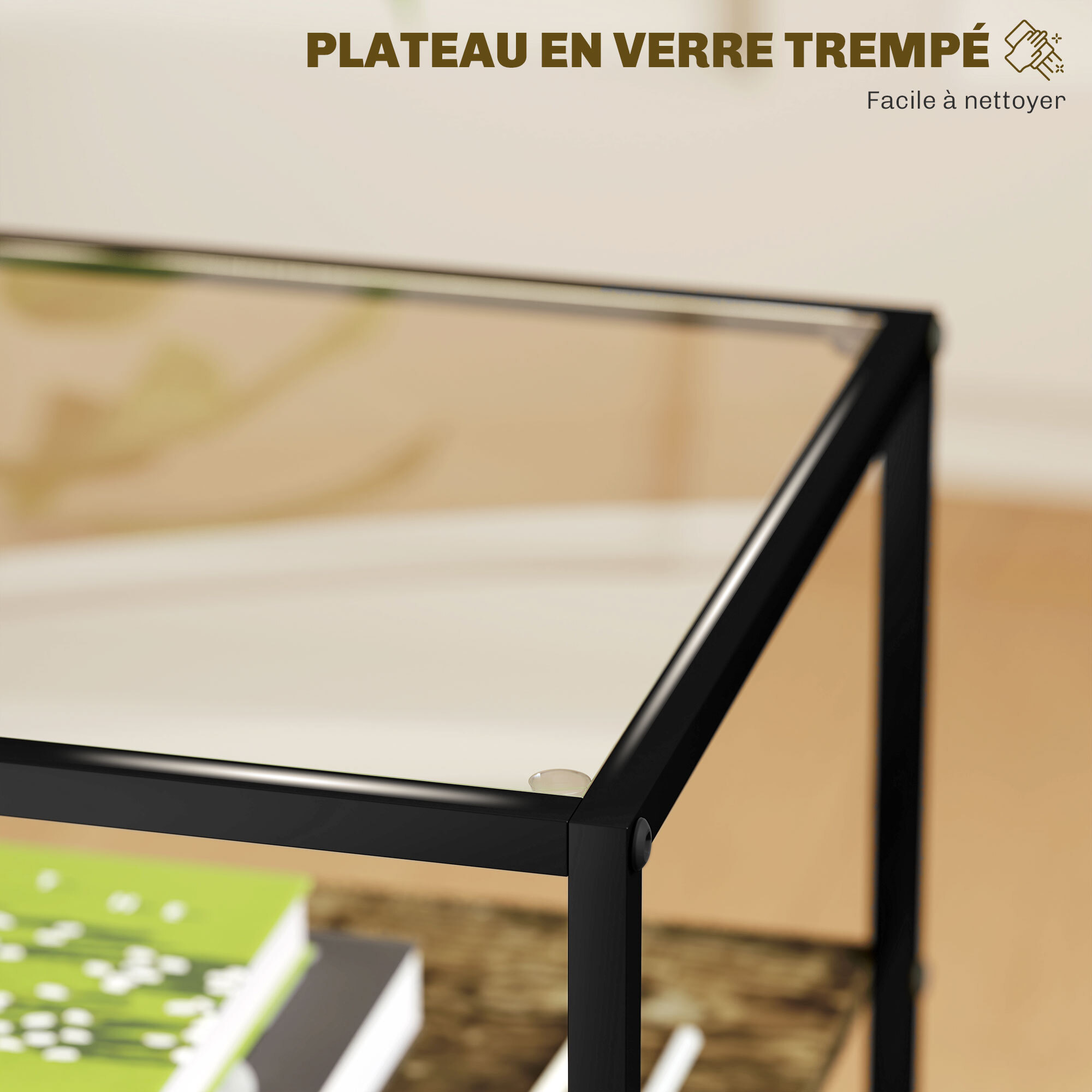 Lot de 2 bouts de canapés tables basses d'appoint design 2 étagères plateau verre trempé