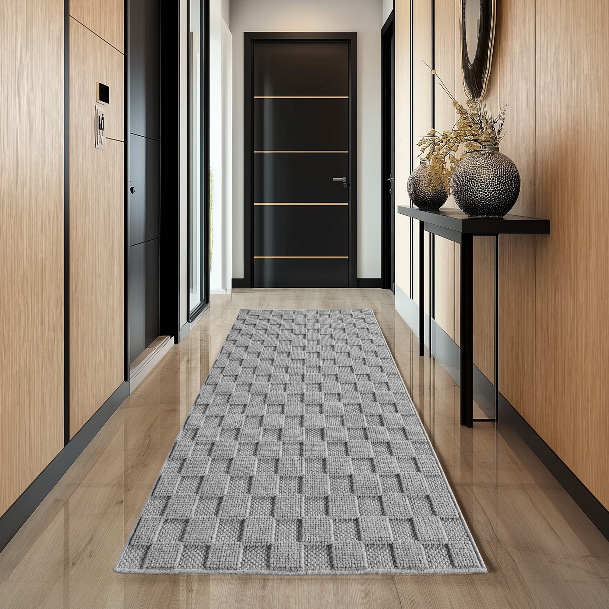HELIX - Tapis moderne effet laine bouclé à motif damier en relief gris