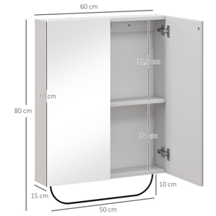 Armoire murale miroir salle de bain - 2 portes, étagère réglable, porte-serviette - acier noir panneaux blanc verre