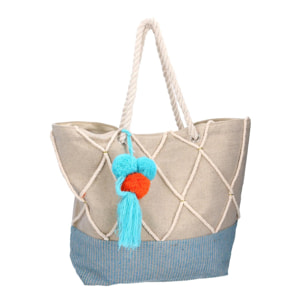 Borsa in tessuto con pon pon blu cm52x13h38