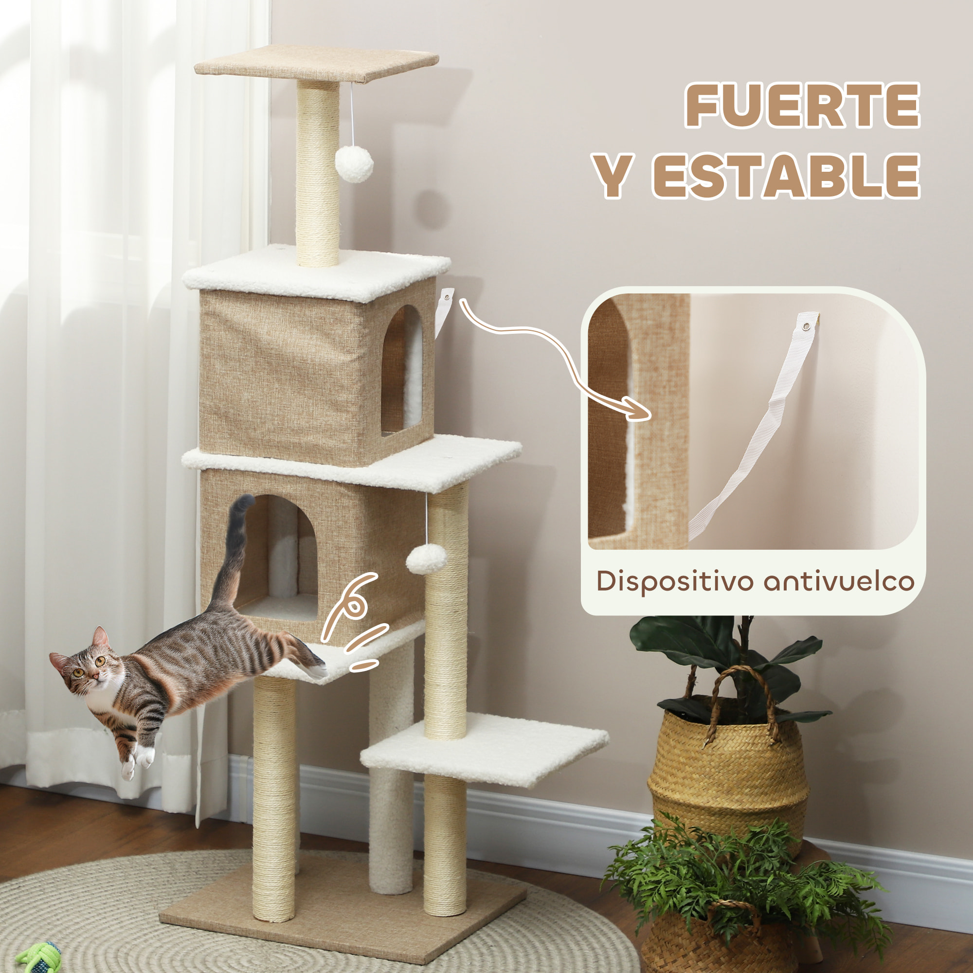 Árbol Rascador para Gatos de Borreguito Altura 140 cm Árbol para Gatos Torre para Gatos con 2 Nidos Plataformas Bolas Colgantes y Poste de Sisal Marrón Claro